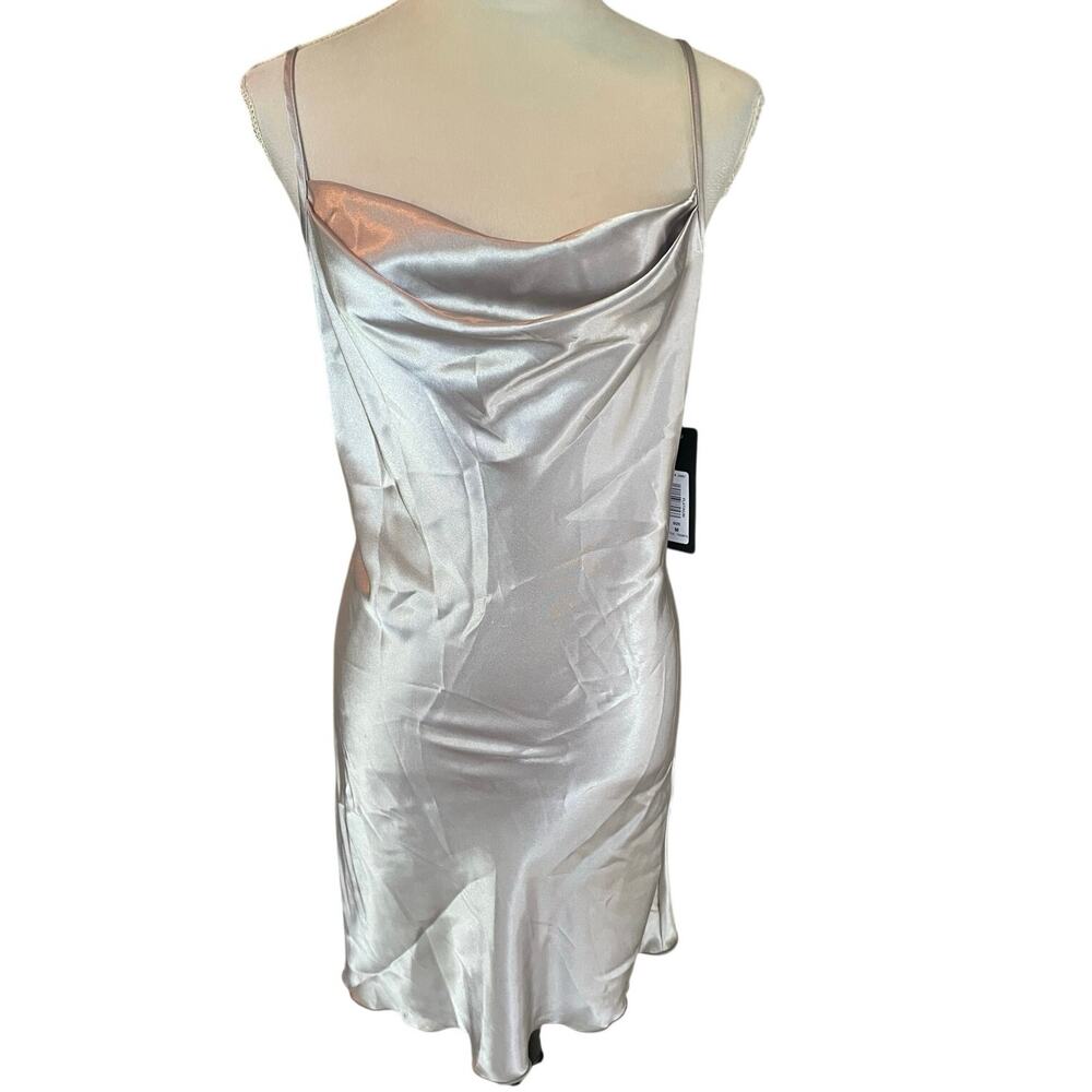 BEBE “Platinum” silver satin slip mini dress